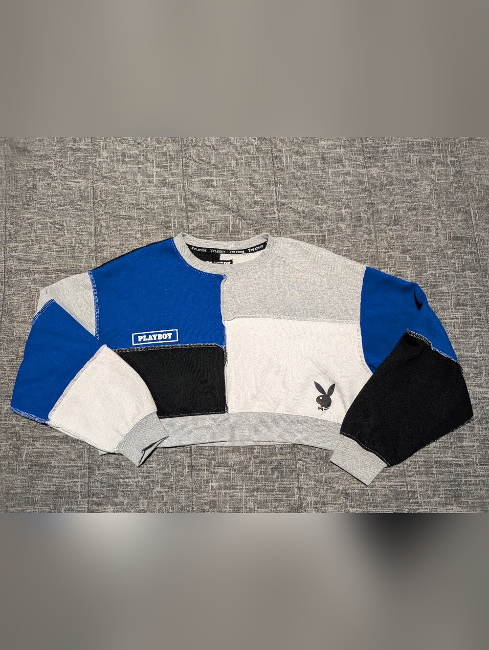 Cropped PLAYBOY Blue and Gray Colorblock Sweatshirt